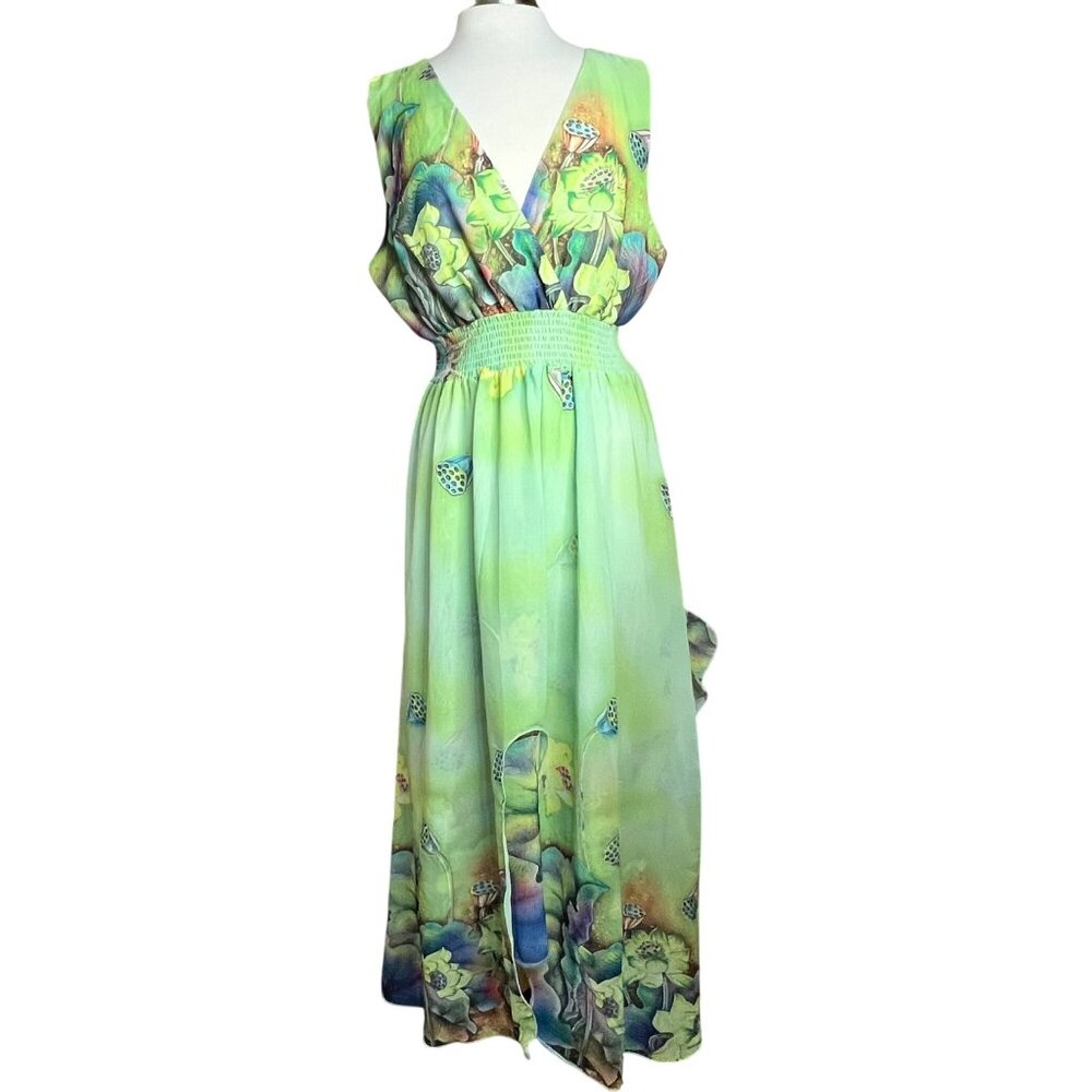 Floral Print Maxi Dress V-Neck Very Stretchy Green Water Lily Sheer Size 2X3X